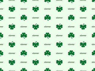 Clover cartoon character seamless pattern on green background. Pixel style