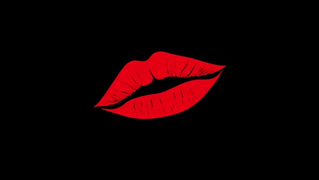 A pair of lips giving a kiss, similar images in a fast rotating sequence, isolated on a black background. Sharp magazine illustration effect.
