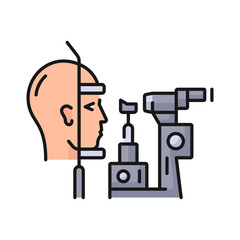 Phoropter, eye ophthalmology diagnostic and optometry test, vector icon. Phoropter refractor and patient, optometrist optical diagnostic device for eyesight and eye vision examination