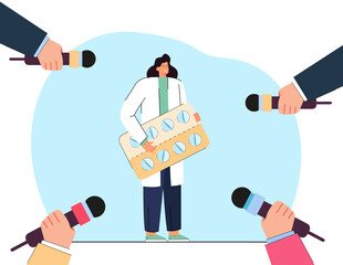Journalists interviewing tiny doctor holding huge blister pack. Hands pointing microphones at medical professional flat vector illustration. Medicine, pharmacy, health, journalism concept for banner