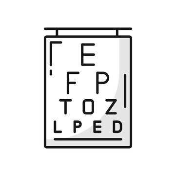 Eye chart, vision test or eyesight exam vector icon, ophthalmology examination. Eye chart, optometry vision check or visual sight examination, optotype alphabet or Snellen symbols or optical measure