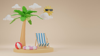 3D modeling. The concept of relaxation is on the beach and the characters are the sun and there is copy space.