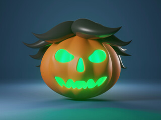 3D podium background Halloween concept. 3D Halloween cartoon characters, pumpkins, crosses, ghosts on Halloween background.