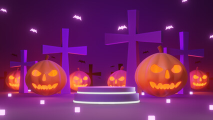 3D podium background Halloween concept. 3D Halloween cartoon characters, pumpkins, crosses, ghosts on Halloween background.