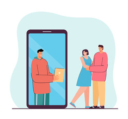 Mother and father next to huge smartphone with son on screen. Man talking to parents via mobile device flat vector illustration. Family, communication, technology concept for banner or landing page