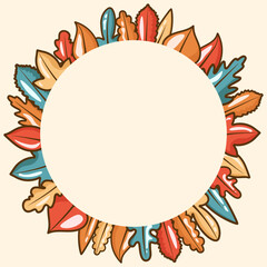 Autumn leaves frame, circular shape with different kind of leaves around, copy space. Cute vector illustration in flat cartoon style, banner template
Background with circle for your text.
Photo frame.