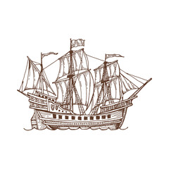 Brigantine sail ship, sailboat old vessel vintage sketch icon. Vector retro galleon nautical ship, retro sea transportation vessel, sail boat - obrazy, fototapety, plakaty