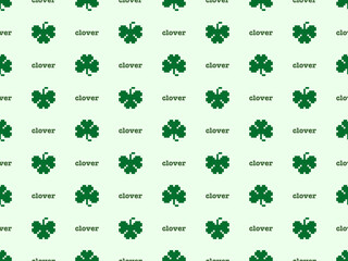 Clover cartoon character seamless pattern on green background. Pixel style