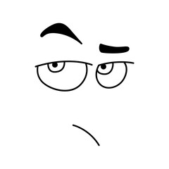 Offended smile emoticon emoji icon. Vector line art cartoon comic smiley eyes with suspicious mouth