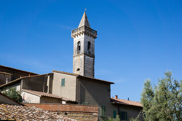 Fototapeta na wymiar Firenze, Tuscany, Italy 08-26-2022. Vinci village, Leonardo birthplace, aerial view and bell tower of the church.