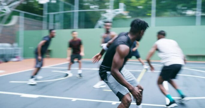 Basketball players celebrate score, team sport court playing game and slam dunk win competition, match and action as friends, community and group together. Fitness skills, winning energy and training