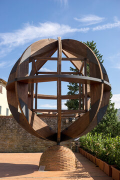 Firenze, Tuscany, Italy 08-26-2022. Vinci village, Leonardo birthplace, aerial view and bell tower of the church.