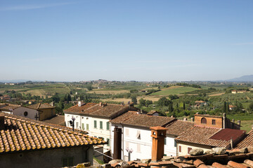 Firenze, Tuscany, Italy 08-26-2022. Vinci village, Leonardo birthplace, aerial view and bell tower...
