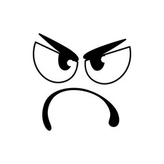 Angry smile face, eyes and mouth line emoticon. Vector cartoon emoji or comic smiley with disgruntled expression