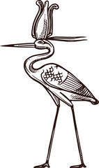 Bennu heron sketch, Ancient Egypt deity and mythology bird, vector icon. Ancient Egyptian symbol of sacred deity Bennu heron with alef crown, hand drawn sketch symbol
