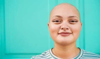 Happy bald girl smiling in front of camera - Focus on mouth