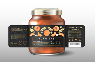 Ripe Peach confiture. Sweet food. Black label with whole peaches, halves, cut fruits and gold leaves. Mock up of Glass Jar with Label. 