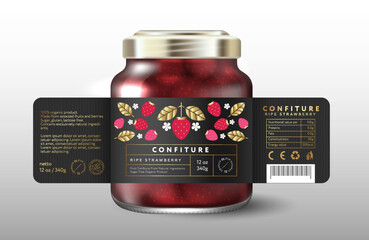 Strawberry confiture. Sweet food. Black label with red berries, gold leaves and small flowers. Mockup of Glass Jar with Label.