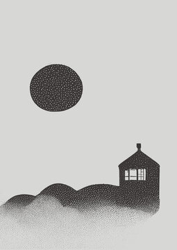 Minimalistic Landscape With Little House Ans Sun Or Moon. Stipple Vector Illustration.