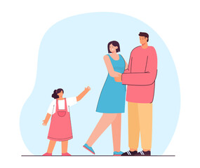 Cute little girl reaching for parents hugging. Mother and father looking at daughter flat vector illustration. Family, love, care, relationship, parenting concept for banner or landing web page