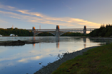 The Britannia Bridge spanning across the Menai Strait between Mainland Wales and Anglesey. UK.