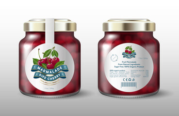 Cherry marmalade. Cherries and silk ribbons. White round label for sweet preservation. Mock up of a glass jar with a label.