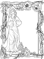 Girl praying in a flower frame linear black and white vector drawing. For coloring books. Graceful illustration.