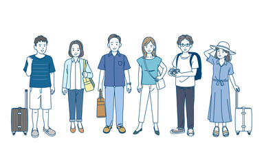 夏旅　旅行に行く人々　帰省　観光客　夏休み　イラスト