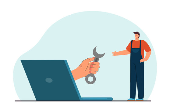 Hand coming out of laptop and giving wrench to technician. Man in uniform buying tools via internet store flat vector illustration. Maintenance or repair service concept for banner or landing web page