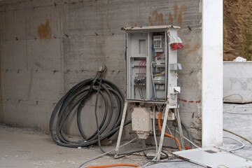 An electrical distributor attached to the concrete base of an unfinished building next to large...