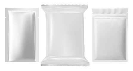 Foil pouch pack mockup. Foil sachet vector package blank. Wet sheet bag template, aluminum wrapper template realistic design. Chocolate or tea zipper envelope. Face mask sheet protecliton