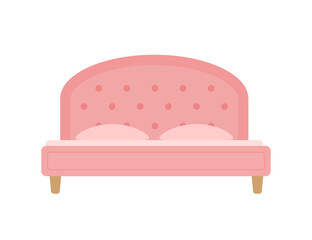 Cozy double pink bed on white background. Home interior concept
