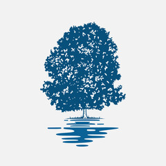 Vector silhouette illustration of a tree by the river