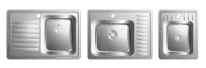 Realistic Metal Sink Icon Set