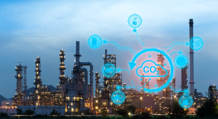 A concept perspective brings AI to industry. Refinery with cyber and physical system icons. Gas