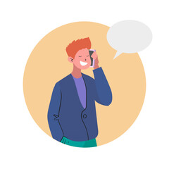 A young guy is talking on the phone. Icon in a circle. Flat style illustration.