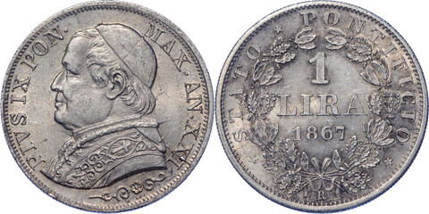 PAPAL STATES, VATICAN, Pius IX, 1 Lira 1867 R, UNC - obrazy, fototapety, plakaty