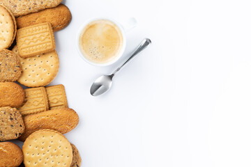 breakfast with coffee and sugar cookies white background with space for advertising. Copy space