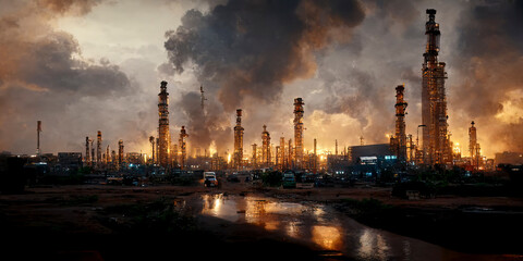 Obraz na płótnie Canvas Oil Refinery at Dusk, Petrochemical Industrial Plant