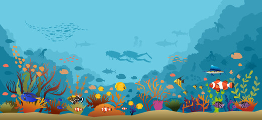 Fototapeta na wymiar Underwater nature and marine wildlife. tropical fishes and coral reef background. Vector