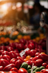 Street market with vegetables and fruits. Shopping for a bazaar. Counter with tomatoes