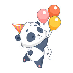 Naklejka premium Cute little panda in a party hat with colorful balloons