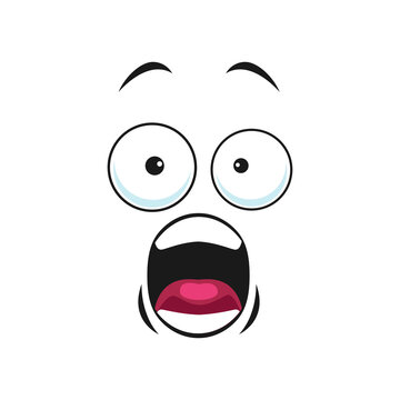 Cartoon yelling face vector icon, shocked or surprised funny emoji. Astonished facial expression with wide open goggle eyes and open mouth, shok feelings isolated on white background