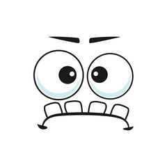 Cartoon face, vector disgruntled facial emoji with stick up teeth. Funny creature, emotion, comic character with toothy mouth and round eyes isolated on white background