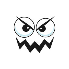 Cartoon villain face vector emoji with angry eyes and sharp teeth. Negative facial expression, malefactor comic character with furrowed brows and toothy mouth isolated creepy personage