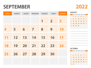 Calendar 2022 template-September 2022 year, monthly planner, Desk Calendar 2022 template, Wall calendar design, Week Start On Sunday, Stationery, printing, office organizer vector
