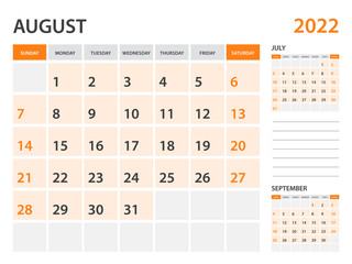 Calendar 2022 template-August 2022 year, monthly planner, Desk Calendar 2022 template, Wall calendar design, Week Start On Sunday, Stationery, printing, office organizer vector