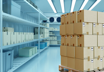 Boxes are in a warehouse with a refrigerator. Refrigeration chamber for food storage.