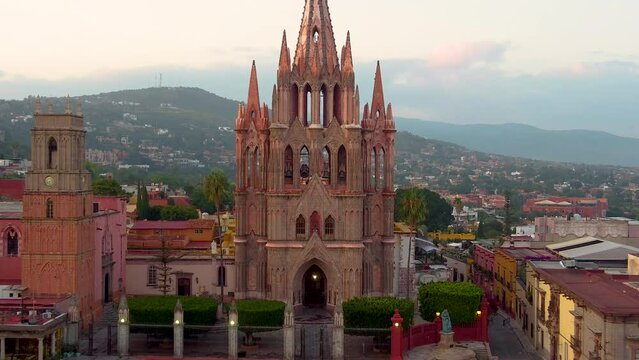 top view drone to san Miguel de allende streets and town, in sunset and night, top and side view with copy  space