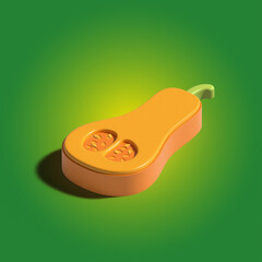 3d pumpkin slice on green background. Three dimensional vegetarian autumn food